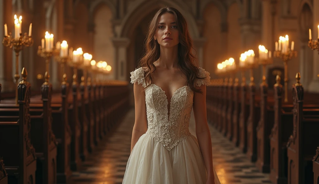 RAW photo, tv_Evelyn_Clark_MXAI , clever expression, wearing an ornate wedding dress, elegant makeup, pink lips, standing by the altar, ornately detailed glass mosaic in the background, ((full body shot)), PA7_Portrait-FL, (((Ultra-HD-details, Ultra-HD-detailed, Ultra-HD-realistic, Ultra-HD-photo-same-realistic-quality-details))), 8k uhd, dslr, soft lighting, high quality, film grain, Fujifilm XT3