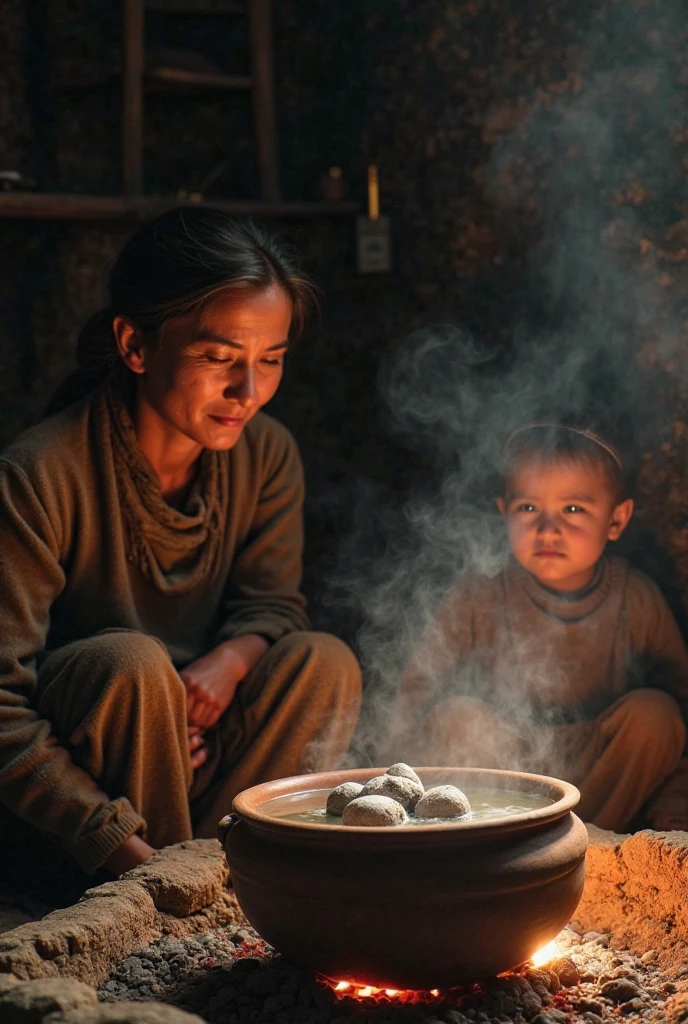 Poor Bolivian country lady giving soup to her children while the pot boils Showing love and poverty, They are in their clay kitchen stirring 
