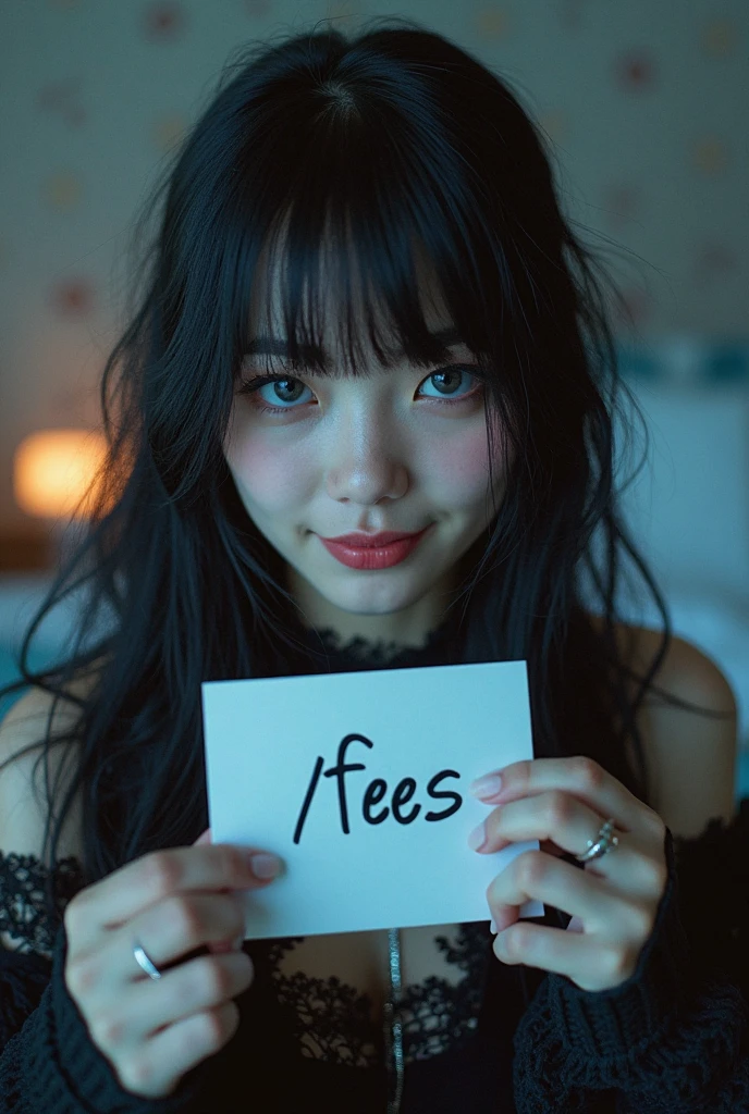 A girl wearing Gothic Lolita clothes holding a wad of money in both hands