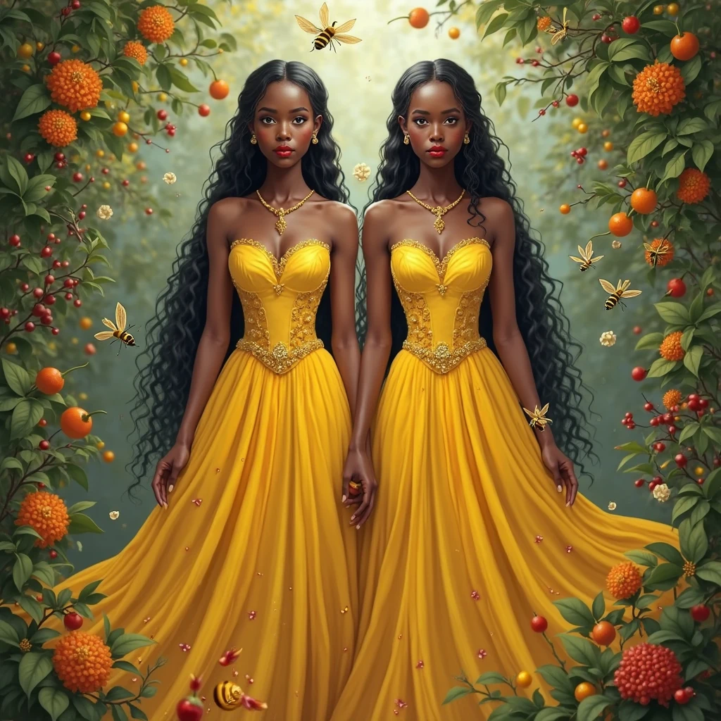 2 images, the main image is a character, a black woman with curly long hair and bright green eyes, she is wearing a long vibrant silk dress, she is staring at her reflection in a mirror, the background is a forest, the atmosphere is opposite to the main character, the reflection in the mirror is wearing a different silk dress and gives off a different mood, vibrant colors, surrealism.