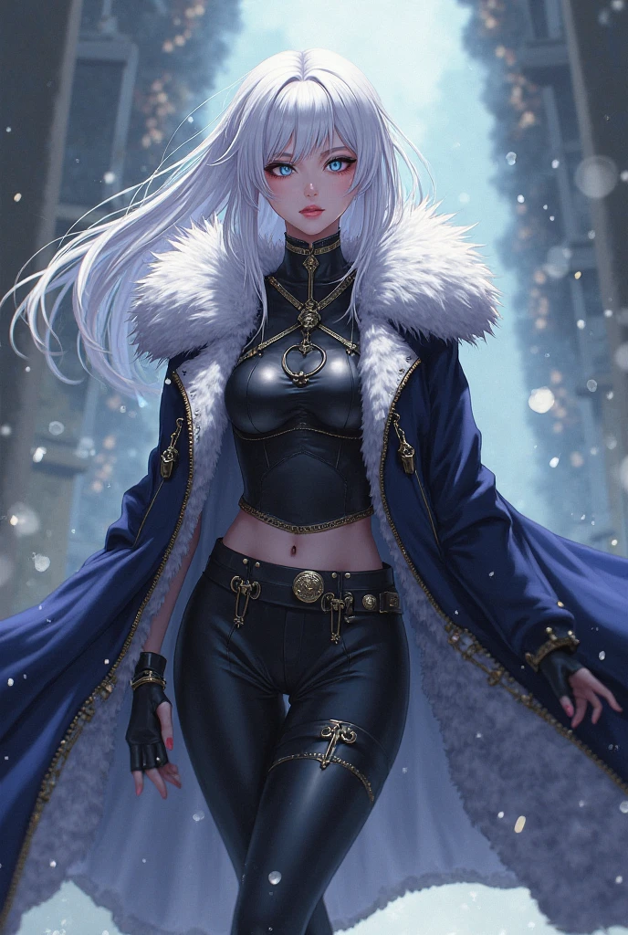 fur trim, 1girl, jewelry, fur, feather boa, fur-trimmed coat, fur collar, fur coat, tree, fur-trimmed sleeves, fur-trimmed jacket, fur-trimmed cape, cape fur, earrings, snow, bird, fur scarf, dark skin, alone, long hair, dress with fur trim, looking at viewer, cleavage, dark-skinned woman, large breasts, leafless tree, standing, necklace, coat, white hair, fur-trimmed gloves, fur trimmed capelet, yellow eyes, branch, covered navel, dress