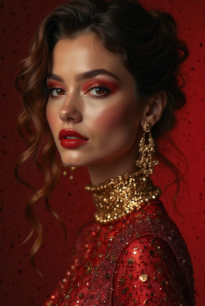 highly artistic, high-quality photo advertising, a woman dressed in glamorous expensive clothes, with bright makeup, advertises perfume, gold, black, red, rich colors, high detail, photorealism, hyperrealism, play of light, flight of fantasy, aristocratic, exquisite, minimalism, unique