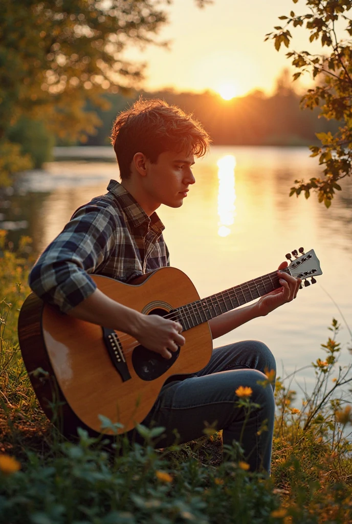 A man playing guitar, 20 year old boy, epic romantic scene, hyperrealistic, cinematic lighting, dramatic colors, national geographic style, highly detailed, photorealistic, 8k, award winning photograph, chiaroscuro lighting, dramatic shadows, cinematic composition, emotional, intimate, passionate, sensual, beautiful, tender, loving