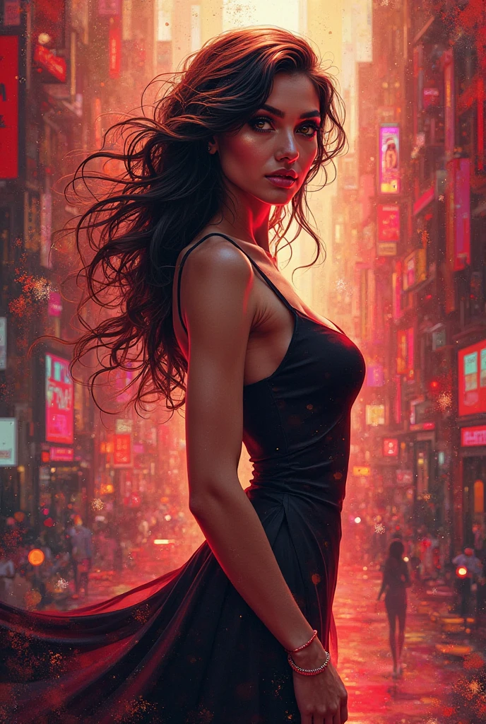 ((best quality)), ((masterpiece)), (detailed), 1girl, 1984 Ghostbusters, Sigourney Weaver, 40 years old, bare shoulders, bright red loose dress, strapless dress, wild curly hair, loose hair, rippling muscles, pointy dark horns on her head, big muscular biceps, veins, glowing red eyes