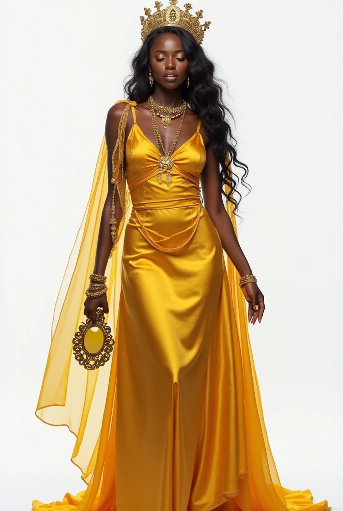 "Create a photorealistic image of a strikingly beautiful African woman in her mid-20s, standing confidently in a lush, tropical environment. She has smooth dark skin and expressive eyes that exude determination and compassion. She is wearing an elaborate, vibrant yellow traditional gown with intricate embroidery and beadwork, flowing gracefully to the ground. Over her shoulders, she has a matching cape that adds to her regal appearance. Her hairstyle is intricately styled, adorned with an ornate headdress that reflects her royal status as a Nigerian princess. She is also wearing traditional jewelry, including a necklace and earrings. The background features tropical plants and ancient, weathered columns, creating an enchanted, mystical atmosphere. The lighting should softly highlight her poise and grace, emphasizing the rich colors of her attire and the natural beauty of the surroundings."