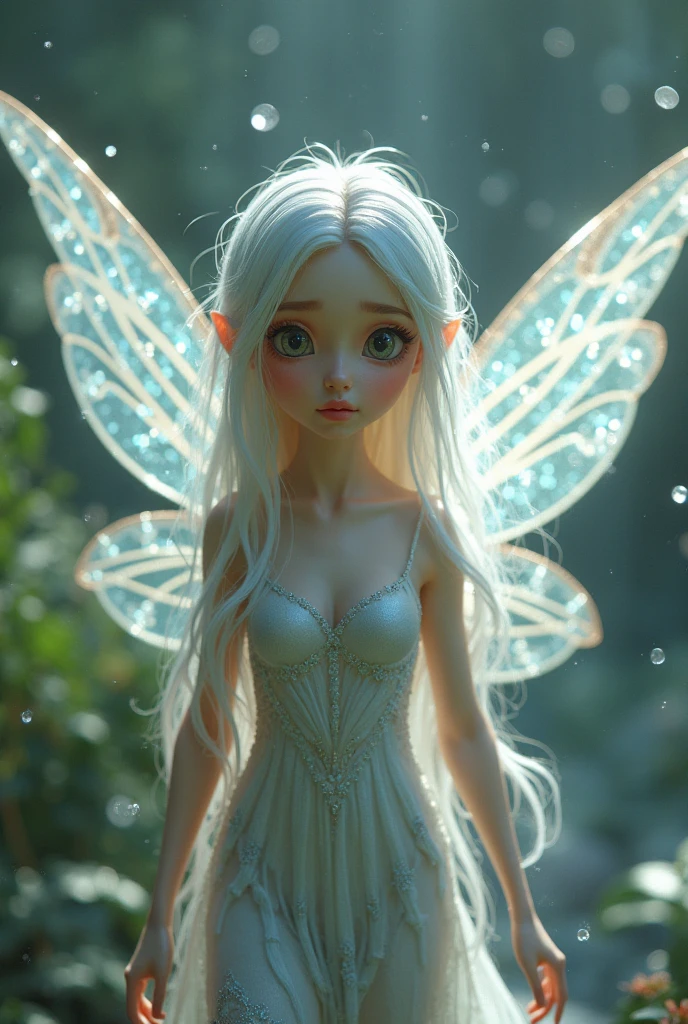 “Create an extreme close-up portrait of a Luminous Fairy with a gender-neutral appearance. The fairy should have flowing gold or white hair and eyes that radiate a warm, bright light. Ensure that the small wings are minimally visible to maintain focus on the fairy’s face. The background should be heavily blurred to highlight the fairy’s facial features. Enhance the image with golden light and a shimmering effect to emphasize the radiant and divine nature of the fairy. The expression should be inviting, warm, and filled with gentle light.”