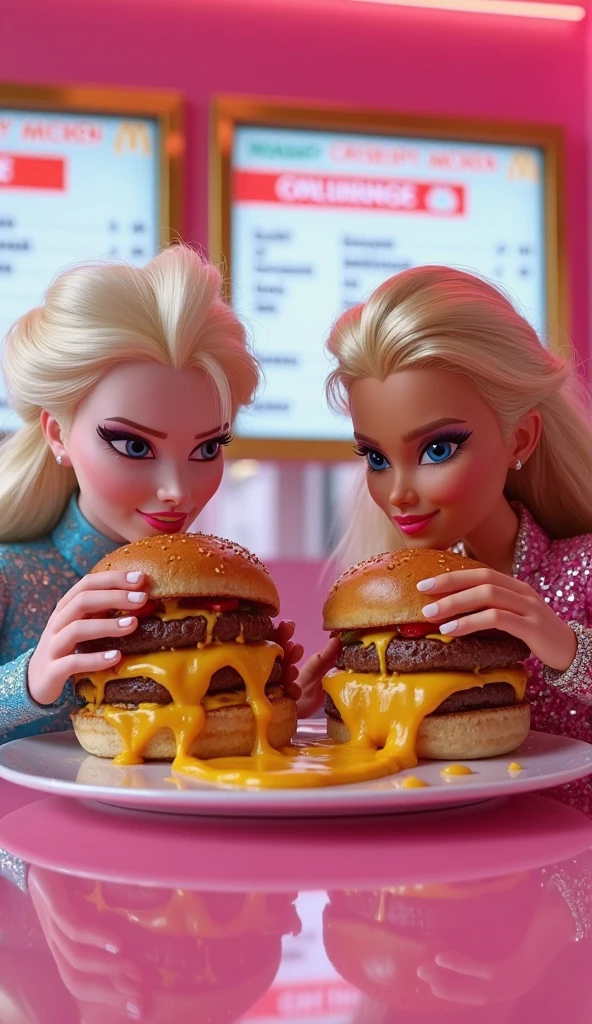 two girls enjoying a pepperoni pizza. Girl 1 is a red head with striking green eyes, dressed in a blue corset. Girl 2 is a blonde with captivating blue eyes, wearing a red corset. They are seated at a wooden table, sharing a delicious pepperoni pizza with cheese dripping down the slices. Capture their enjoyment and the cheesy goodness of the pizza