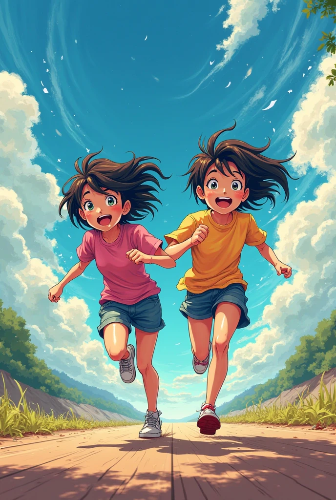 Multiple boys, Holding hands, Multiple girls, sky, Smile, Shorts, Running, Golden wheat fields, Outdoors, dress, Short hair, 3boysl, Field, 2boy, Closed eyes, 2girls, scenery, child, Cloud, windmills, house, Black hair, shirt, Open mouth, Brown hair, cheerfulness_face, Tiled brick house, Blind box toy style