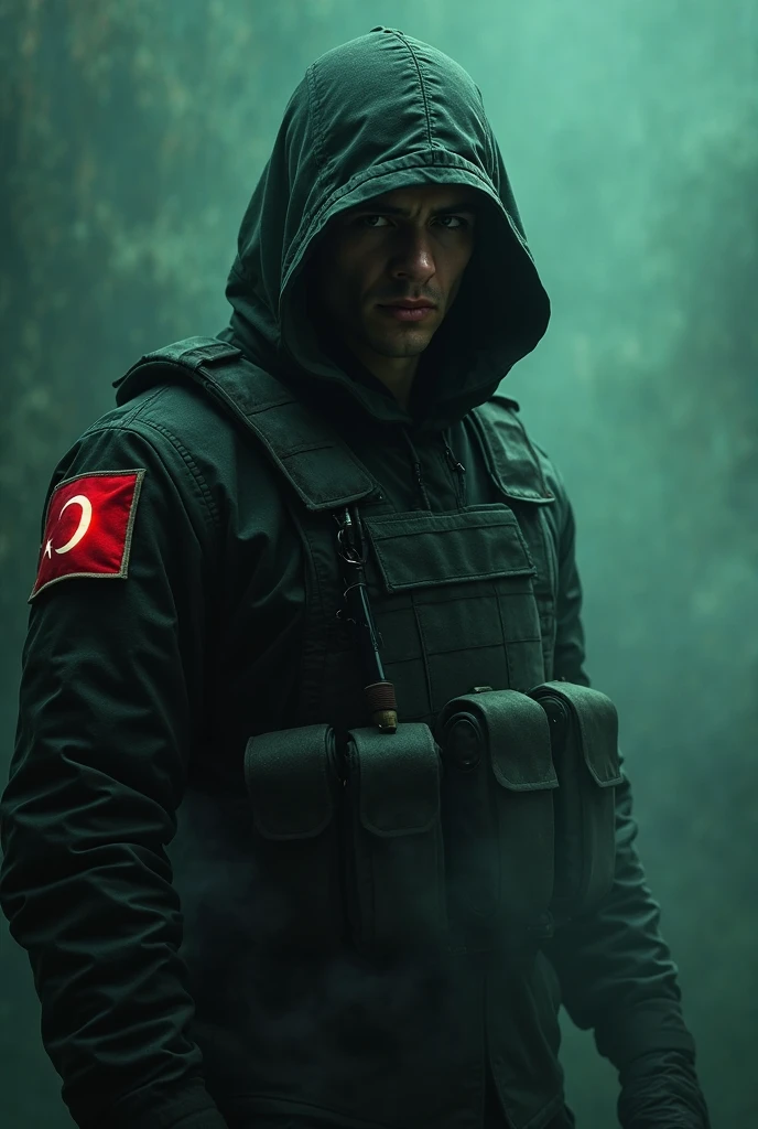 A psychopath holding a gun and a Turkish flag, with 'ACEH MERDEKA' written on his clothes. 