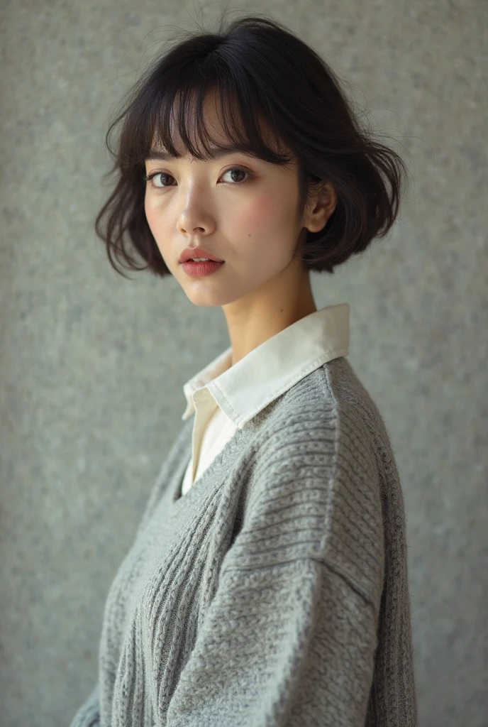 (top-quality、8K、32K、masterpiece、nffsw:1.2)、cute little日本人女性の写真、large full breasts、very short bobbed hair、The upper part of the body、sface focus、Oversized_Sweaters、a necklace、simple background、From above、looking at the viewers、mix4、(8K、Raw photography、top-quality、masterpiece:1.2)、(realisitic、Photorealsitic:1.37)、1girl in、cute little、profetional lighting、photon maping、physically-based renderingt、Gradient Brunette Hair、short curly hair、a handsome、Girly、superior image quality、hight resolution、1080p、(Clear face)、(Detailed face description)、(Detailed hand description)、(masuter piece)、(Exquisite CG)、 extreme light and shadows、hair messy、masterpiece、lush detail、(Exquisite facial features)、(The highest image quality)、(masterpiece)、(A detailed eye)、Looking forward to your eyes、Delicate collarbones、Poses variadas、don't watch mela、profile、white walls、Taken in front of the white door、(窓のあるwhite wallsの部屋)、Autumn clothes、Winter clothes、シンプルa necklace、light blue knit