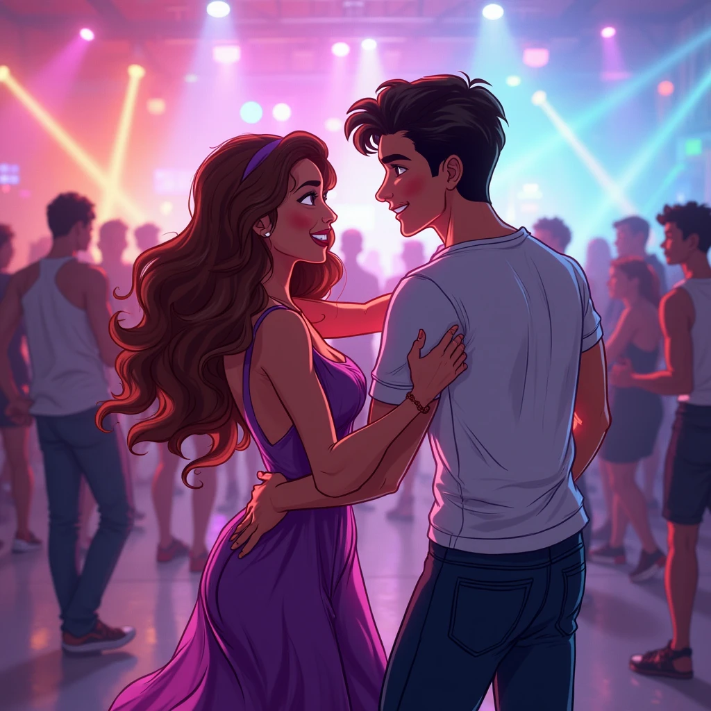 Hdr, masterpiece,4K, ray tracing, best quality, 1boy, 1girl, steven quartz universe, connie maheswaran,  face to face,enamored couple, passionate sensuality, nightclub background, erotic dancing, couple focused,  couple dancing together, highly-detailed animation, beautiful aesthetic, detailed smooth textures, motion lines,  incredible absurdres,  sharp gradients, deep highlights,  unreal engine,  incredibly detailed,  dynamic lighting, carnality,
dynamic perspective,  dynamism, brilliant shading, sensual  shadowing,  sensuous atmosphere,  intricate fabric details, amazing skin, perfect hands, perfect, perfect eyes,  steven quartz universe, age 23, fat man, handsome, wavy black hair, strongman waist, deep brown eyes, round face,  urban masculine rave outfit, connie maheswaran,  age 22, salacious rave girl, blue fire decal urban  rave minidress,  perfect square physique,  beautiful detailed black eyes, flowing, shining, wavy black hair, toned,  wide hips, firm chest, hypnotic hips, salaciously smiling, looking over shoulder