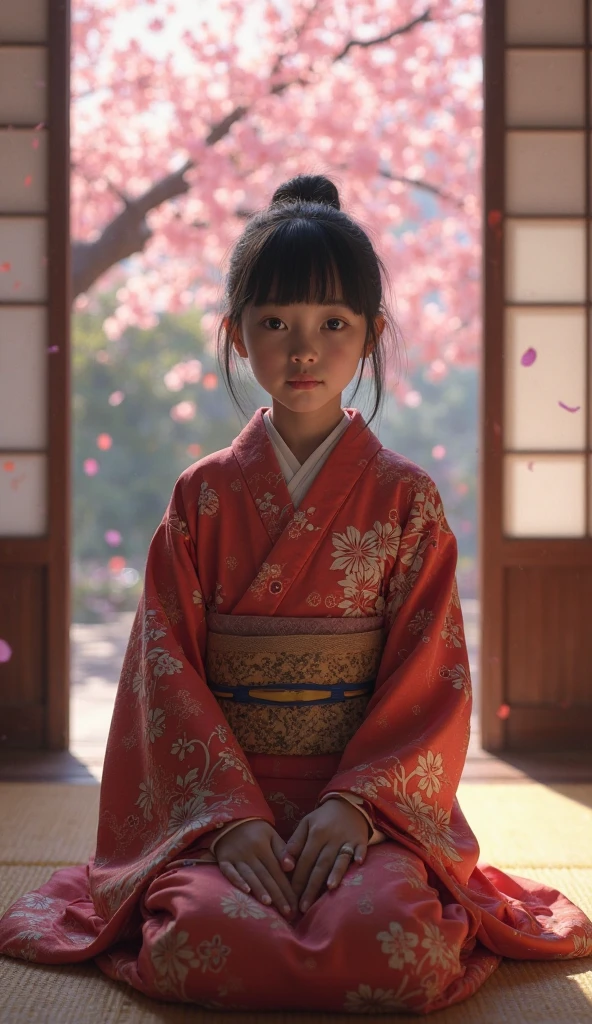 Little Boy、4 year old boy、Standing posture、Landscape、wearing a costume、Kumatori face in Kabuki(Draw a red line on white paper)、Kabuki Stage、Bright lighting、Red light up from the side、