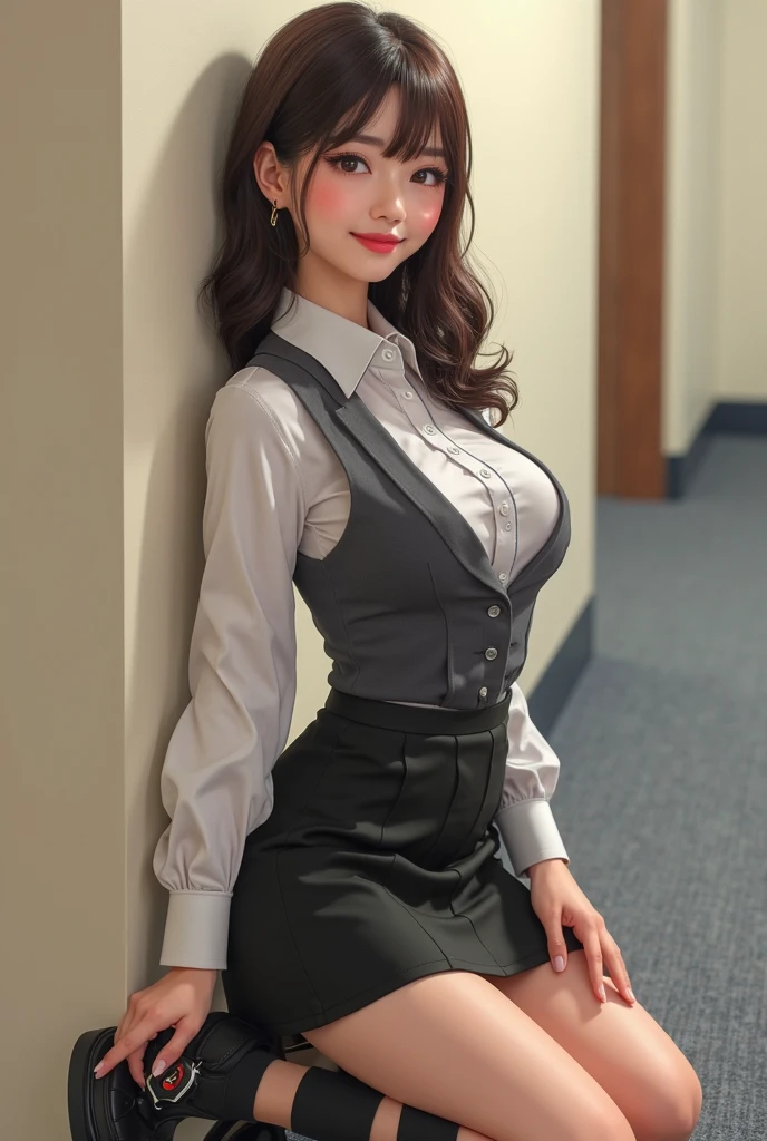 "A girl is sitting in a classroom. She has brown hair and tight abdominal muscles. She spreads her legs. I'm wearing a business uniform. The library is in the background. Pay attention to the details of the photo, especially the details of the eyes, emphasizing realism. These official art Unreal 8k wallpapers are very detailed, beautiful, aesthetic masterpieces, and of the highest quality. The use of dynamic angles shows the elegance and romanticism of the image. The character has big breasts, no panties, and the shape of a camel toe. " pantyhose,