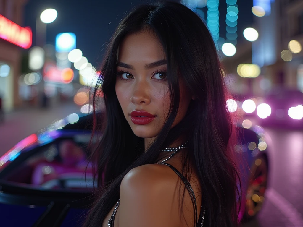 Cyberpunk Night time back street, Astronaut neon lights glowing bikini (breast), big smile, waiting for a kiss, turning and looking at the camera, space warrior, beautiful sci-fi art, cosmic style, 8k cinematic, golden ratio, cosmic mayhem, light particles, wet look, golden hour, realistic, masterpiece, highest quality, lens flare, shade, bloom, [[chromatic aberration]]