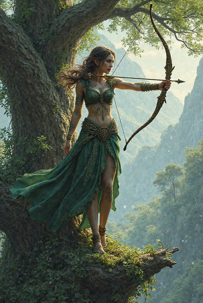 The goddess of the forest, with long wavy hair paired with her yellow eyes and her short green dress, she is holding an a glowing archery stick bow in her hands, and tanned even skin, with an animal’s around her wearing a heels made of tree branches 