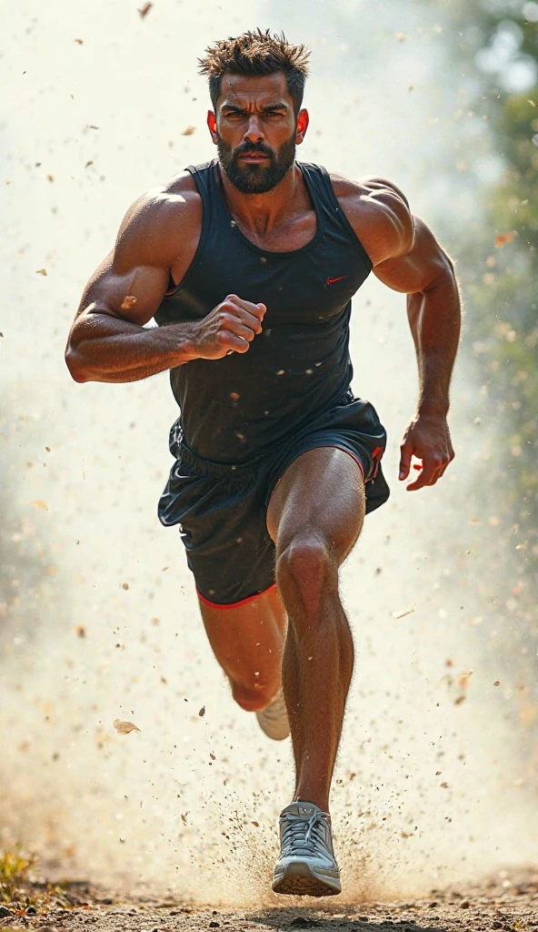 a lean skinny 20-year old shirtless male wearing sagging white running shorts, black and white running shoes, black hair, brown eyes, drenched in sweat, face drenched in sweat, wet hair, jogging in the scenic landscape, half-body only