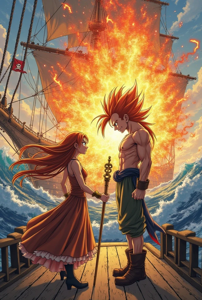Make two boys. The first one is taller, he's about 27 years old, offwhite, hair long black, more muscular and fire powers. The other guy is about 24 years old, wearing no shirt, he has red hair with long hair length/average, ele é offwhite, violet eyes and he has ice powers.