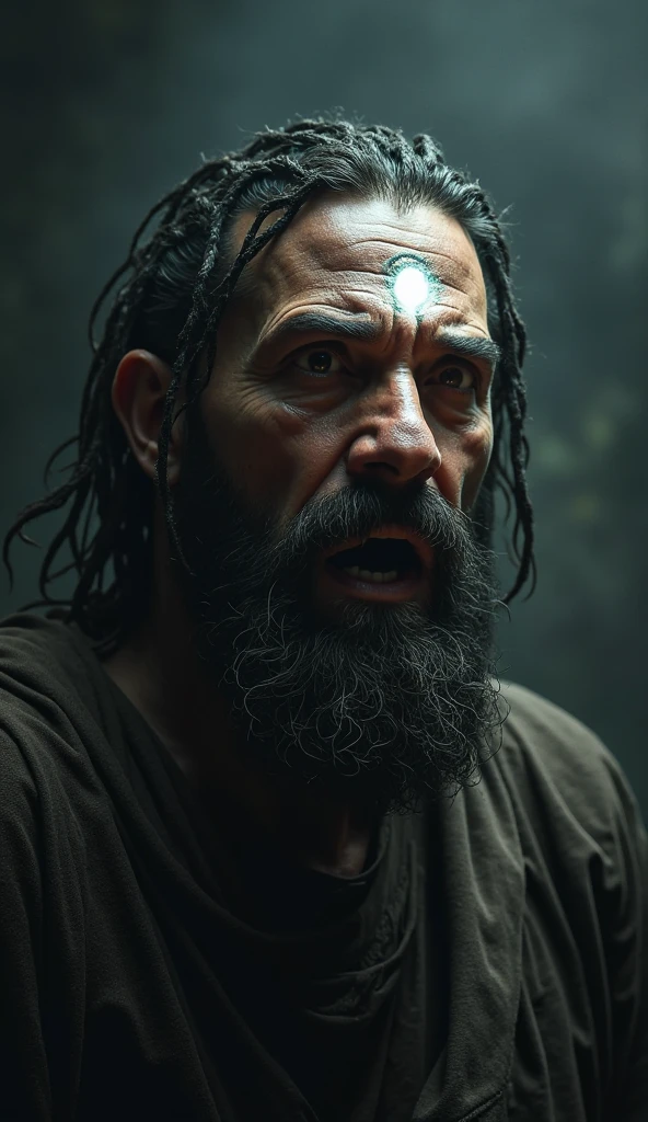 spirit of a man, sinking in black mud, in a dark swamp, the man's appearance is decrepit, as if he were a living dead, the sky is dark with heavy clouds and thunder.