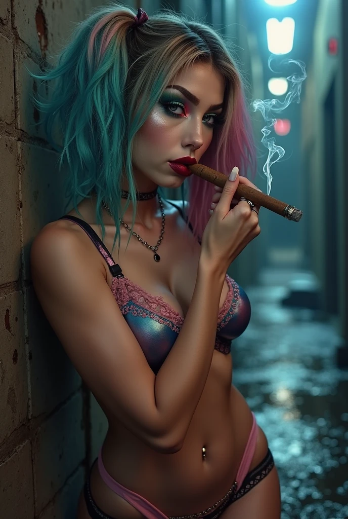 Gothic girl, smoking, full of scars, pink and green hair, ????? wearing only a ripped mini skirt without panties, with her legs wide open that you can see her pussy pissing. she has a naughty face