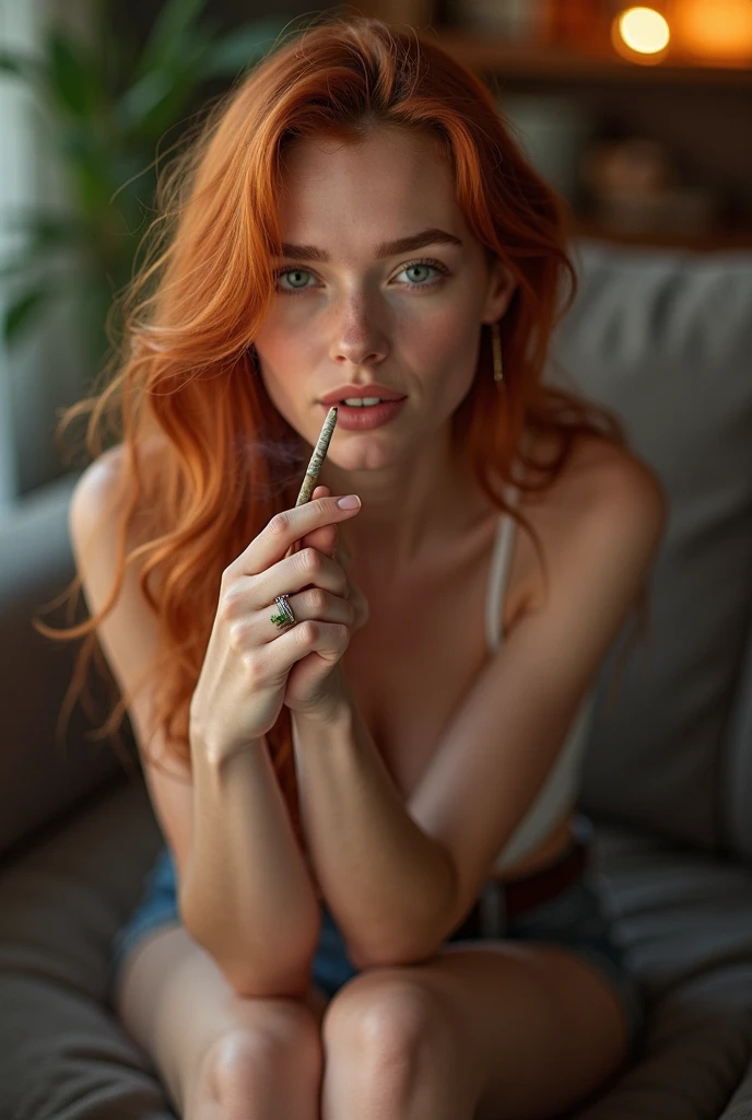 a redhead in profile, stable feature, smoking a cigarette