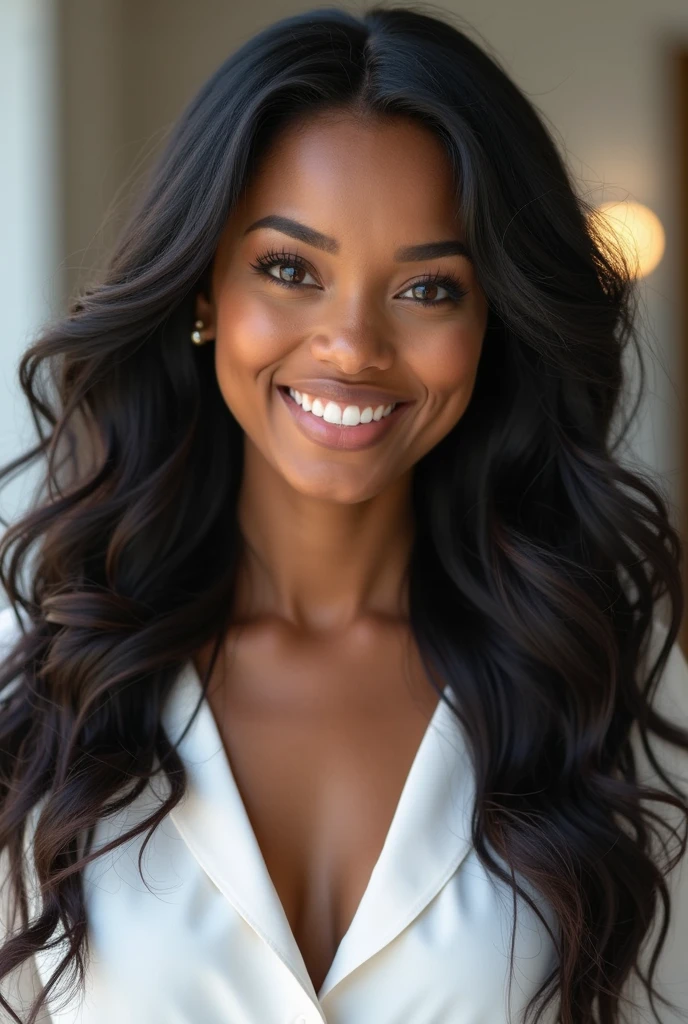 (masterpiece, best quality), deep ebony 1girl, beautiful face, wavy hair, 18 year old, happy, smile cuerpo completo top blanco y negro 