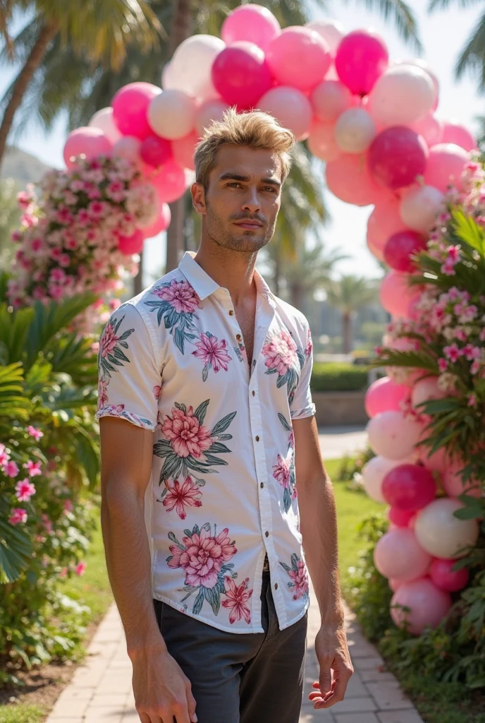 Created imagen, men, Sean O'Pry, 22 old years, blond hair, green eyes, athletic body, defined jaw, Cesar style, Noise Fine, El viste una camisa blanca con dibujos de flores rosa y azules, con un pantalon oscuro, posando mientra mira hacia un lado, sostiene una bolsa de regalo que dice Para Alana,A large arch with bright pink and white balloons and a sign hanging with lilac LED lights that says "ALANA" over green foliage above a spacious tropical garden. decorative tropical flowers, white and bright pink balloons. There are large palm trees decorated with fairy lights. Sunny day.