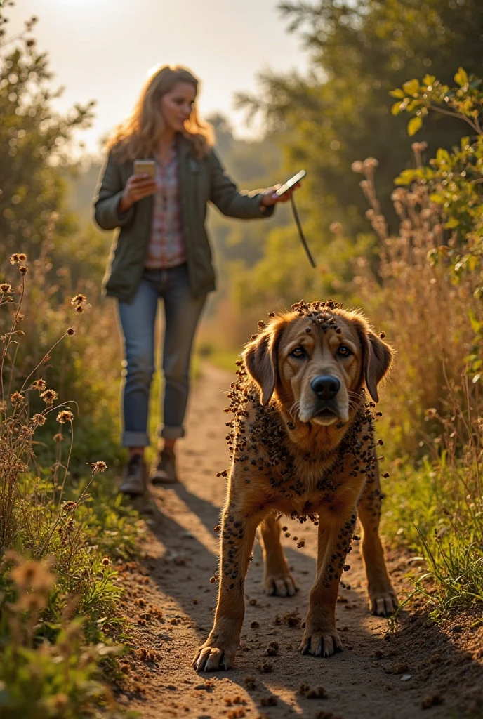A shocked bystander stands at a distance, horrified at the sight of the dog covered in bees. They are holding a phone, urgently calling an animal rescue team, their face filled with worry. The setting is a small dirt path near an overgrown garden, with tall grass and wild plants. The evening sunlight casts long shadows, adding to the sense of urgency and distress."