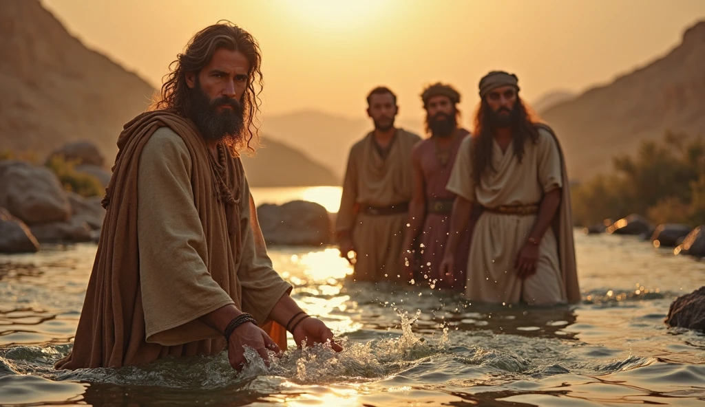 John the Baptist is portrayed as a man of austere and robust appearance. He has a thick beard and long, shaggy hair., reflecting their ascetic lifestyle in the desert. Their clothing is simple and made of skins or rudimentary fabrics., with a tunic made of camel's hair, According to the biblical description.
He is often shown in a natural setting., like a desert or the edge of a river, like the Jordan River. In one of the most iconic representations, John is baptizing people in the Jordan River, with an image of Jesus Christ approaching to be baptized. He may be holding a vessel or a ladle for the naming ceremony..