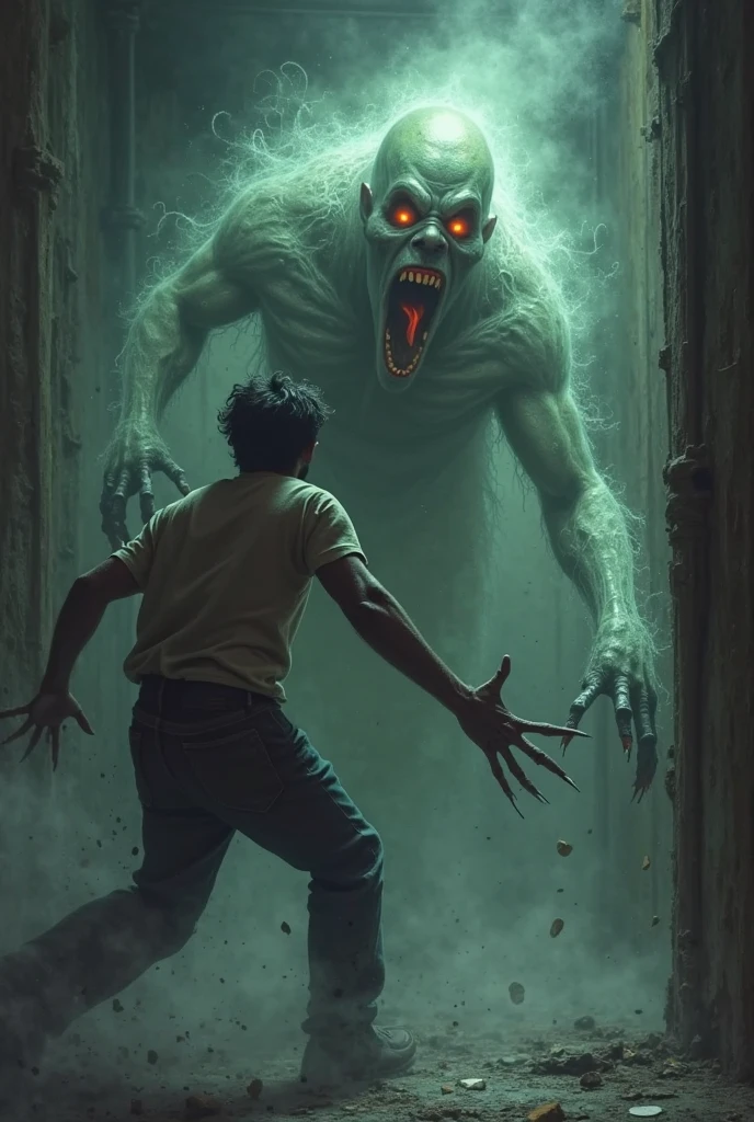 Abandoned hospital, man using a knife attacks zombie in front of him, zombie is dead and falls to the ground, zombie characteristics tall and pale skin and thin