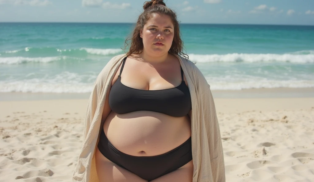 A topless fat young woman at the beach screaming 