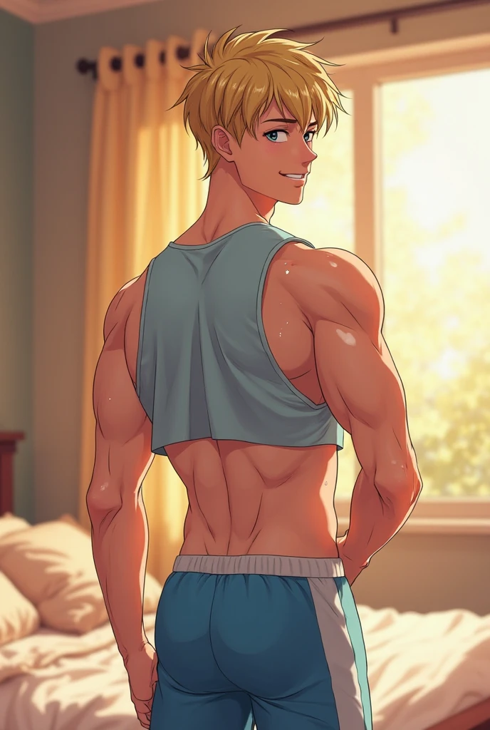 (masterpiece, best quality), Intricate detailing, 8K, artstation, backshot, Young Teenager, Teen Bodybuilder, 14 years old, blonde hair, posing bis muscles in underwear, barefoot, Buff muscle Body