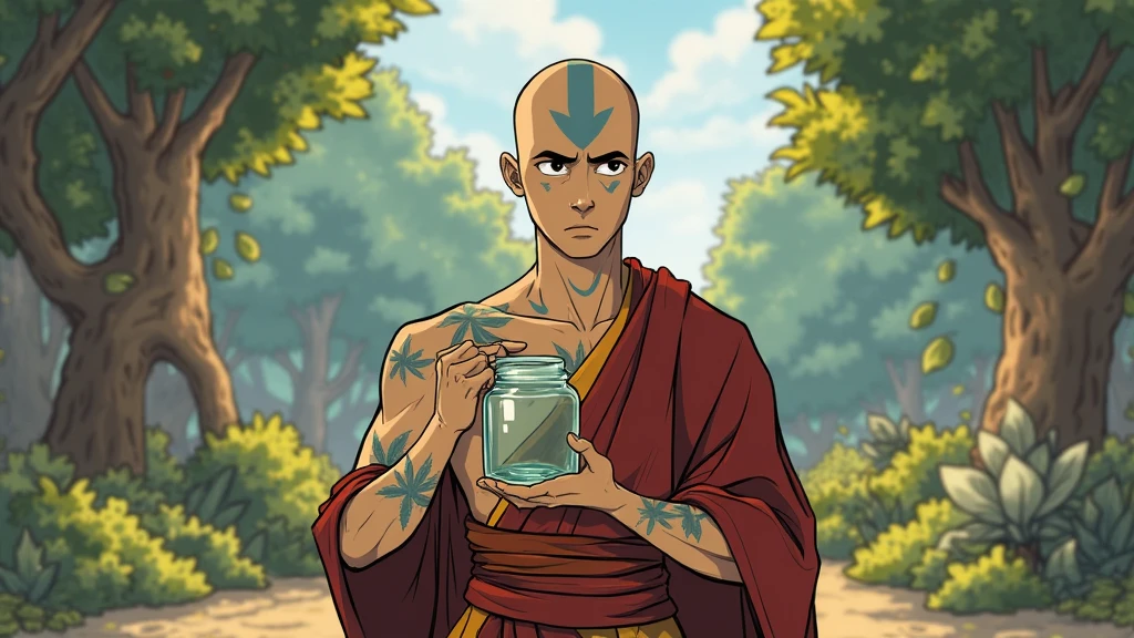 Aang avatar, 25 years old, have weed tattos. hand wear empty glass jar, sad funny, cartoon
