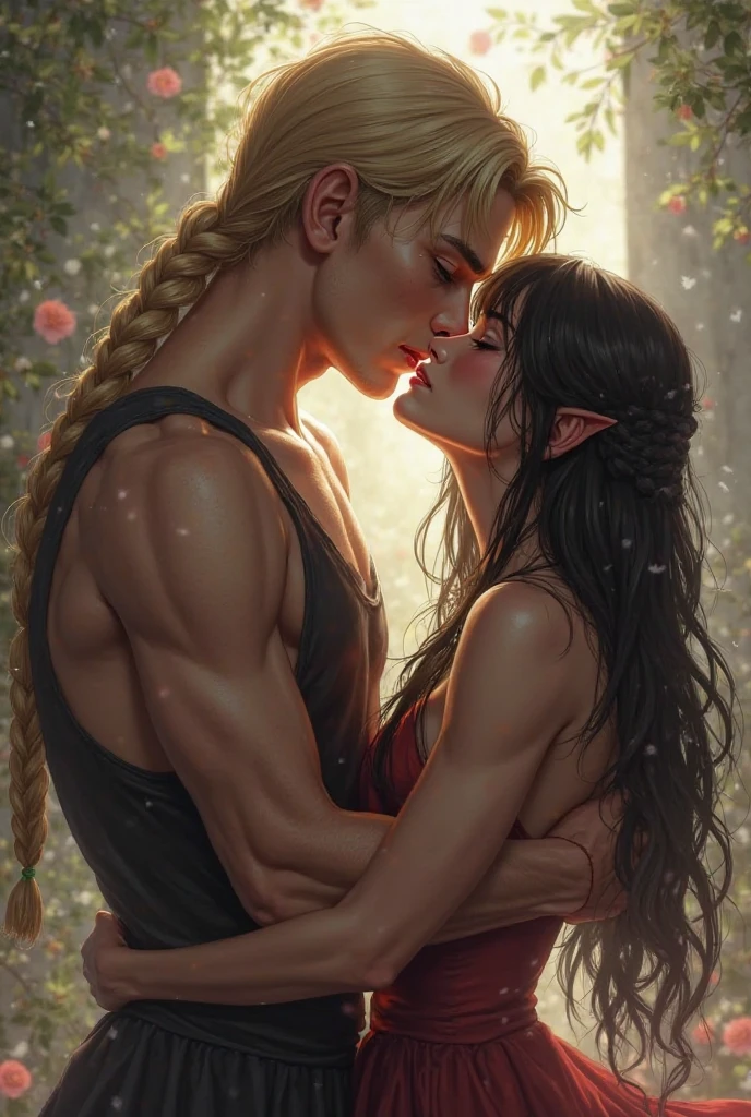 Two blood elf men who love each other. One of them is a femboy, or simply has a feminine aura, who has rapunzel long hair. The other man is very masculine and strong. Two Boys.