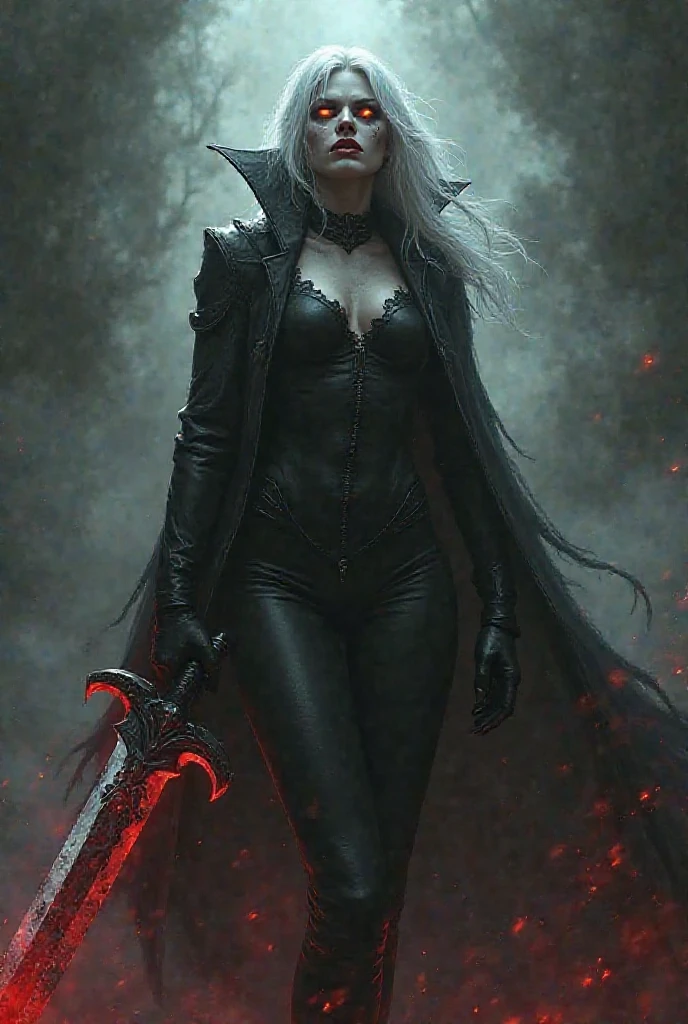 modisn disney, Arafed, action shot, Dark fantasy art, fantasy art, goth art, a picture of a female vampire, exquisite beauty, full body shot, dark glamour shot, pale white skin, blond hair, long hair, wavy hair, (glowing grey: 1.3) eyes, she wears a (red: 1.3) red tight suit, ArmoredDress, she holds a sword in hand, (ready for battle: 1.4) , the roses are imprinted on the suit (black: 1.4) black roses, high heels, dark castle, dark, black and color, Dark Art Painting Style, flower dress, dark novel