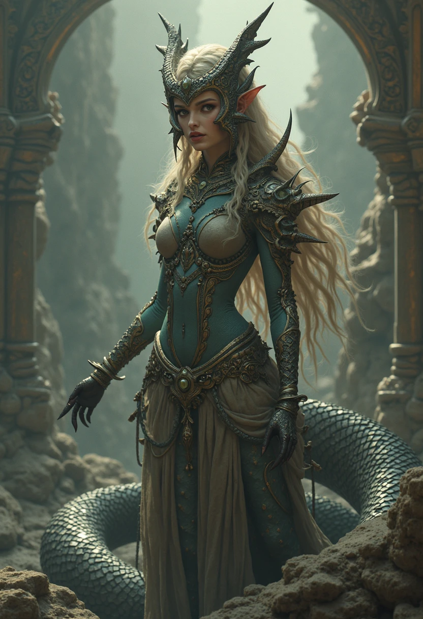 masterpiece, hyper realistic, detailed eyes, detailed face, a close up of a woman in a costume sitting on a floor, queen of dragons, dragon queen, fantasy woman, elf queen, detailed fantasy art, a beautiful fantasy empress, 4k fantasy art, dragon girl, amazing fantasy art, female lord of change, queen of snakes, beautiful elegant demon queen, the dragon girl portrait, epic fantasy art style hd