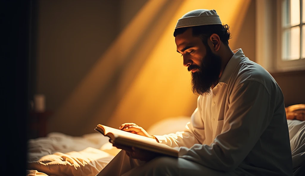 A Muslim man is sitting on his bed at night reciting the Holy Quran