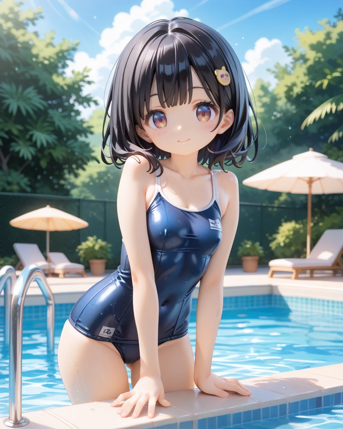 pieces fly、masterpiece、highest quality、Super detailed、High resolution、High resolution、8K portrait、Unity 8k壁紙のHigh resolutionCG、unity 8k wallpaper、cute:1.5、upon:1.5、Highly detailed CG unity 8k wallpaper、realistic、real person、cute、 portrait photography、shiny skin、High resolution、(s old:1.2)、(1 girl)、beautiful clear eyes、very detailed explanation、delicate face、nice lips、slender body、small breasts same thin waist、thin legs、(Poolside:1.6)、be careful, (blush:1.5),(brown hair bob:1.3),((there are many people nearby:1.4)),(small breasts:1.2),same,((navy blue school swimsuit:1.5)),((tits topless:1.5)),((I have nipples:1.5)) Detailed description vagina,show vagina,spread legs,spread 、(((Orgasm in the vagina:1.5))),((leaning forward:1.5))