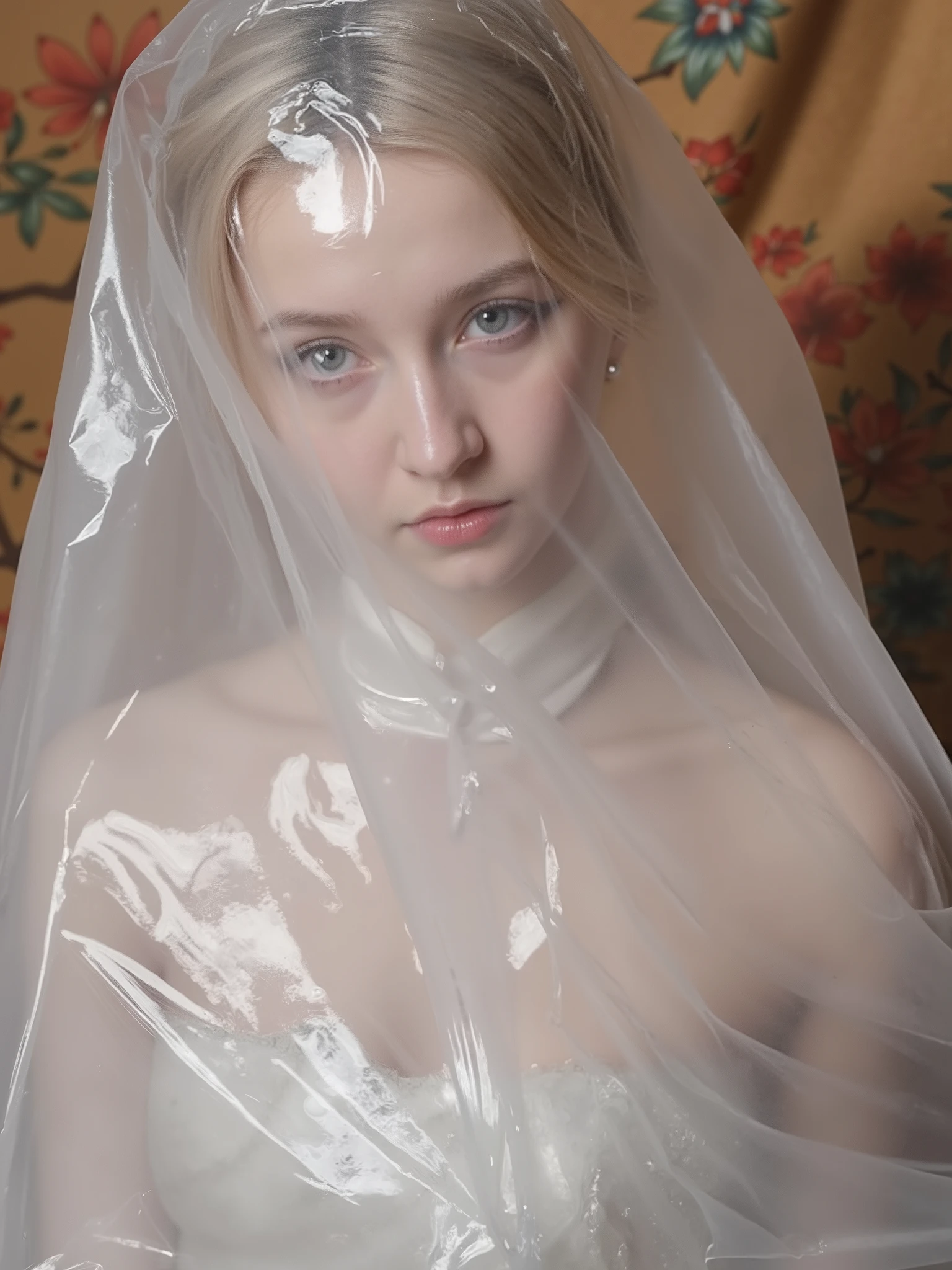 1 girl,Precise、perfect face shape:1.3,beautiful five fingers, small breasts,Small eyes,chinese clothes, Hanfu, reverse exchange,(Siamese Style Translucent Latex Dress),(On clothes,There's a pearl ),(Sparkling Golden Long Hair Princess Aged 19 Tall 170 Proportion 32 20 33 ),(((The princess is covered with a clear plastic bag and tied with a rope to close the mouth of the plastic bag, waiting for the wind to pass while sitting in the paper box.,There was fog in a clear plastic bag, there was sweat on her face and all over her body.,( shortness of breath :1.3),(Shiny skin:1.8),))),(, she had a red rope tied all over her figure, with a rope tied at the back of her hand.) , (She was wearing a transparent silver latex Chinese New Year dress over a rope.),(earrings, hair clip, Metal Collar ,thigh bands,Metal Bondage high heels ),(shibari ,shibari under clothes), tears,Looking at the camera with a poor posture, The background features a tree, colorful flowers, a crescent moon.,Seen from head to toe