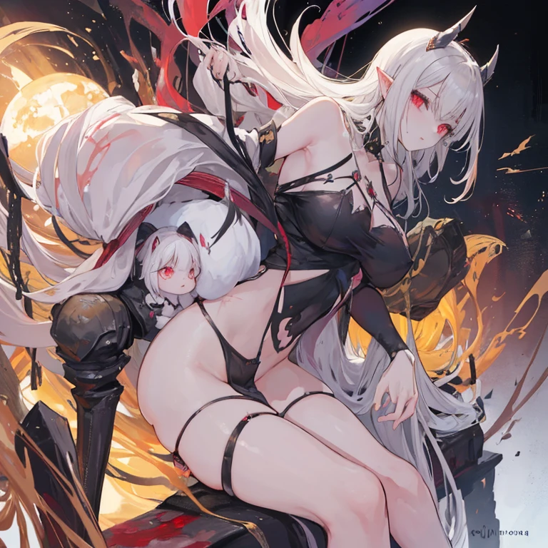 A girl with big dragon horns on her head，Long white hair，red color eyes，Erotic white lace lingerie，crosses，Fighting posture，divino，highest  quality，exposing her chest，Miniskirt，Gorgeous church background with extreme detail，Bend over and pout your butt to reveal white thong panties