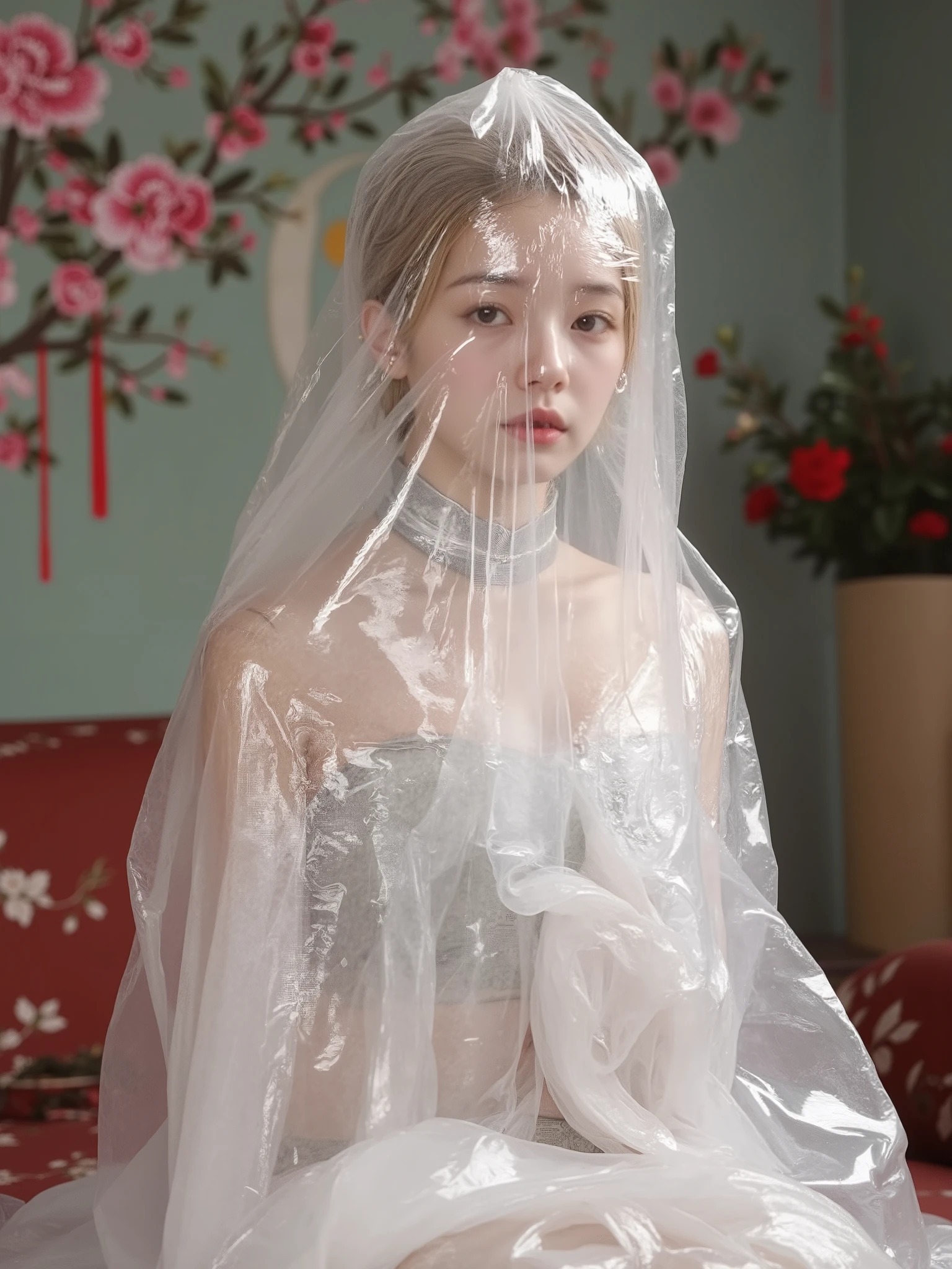 1 girl,Precise、perfect face shape:1.3,beautiful five fingers, small breasts,Small eyes,chinese clothes, Hanfu, reverse exchange,(Siamese Style Translucent Latex Dress),(On clothes,There's a pearl ),(Sparkling Golden Long Hair Princess Aged 19 Tall 170 Proportion 32 20 33 ),(((The princess is covered with a clear plastic bag and tied with a rope to close the mouth of the plastic bag, waiting for the wind to pass while sitting in the paper box.))),(, she had a red rope tied all over her figure, with a rope tied at the back of her hand.) , (She was wearing a transparent silver latex Chinese New Year dress over a rope.),(earrings, hair clip, Metal Collar ,thigh bands,Metal Bondage high heels ),(shibari ,shibari under clothes), tears,Looking at the camera with a poor posture, The background features a tree, colorful flowers, a crescent moon.,Seen from head to toe