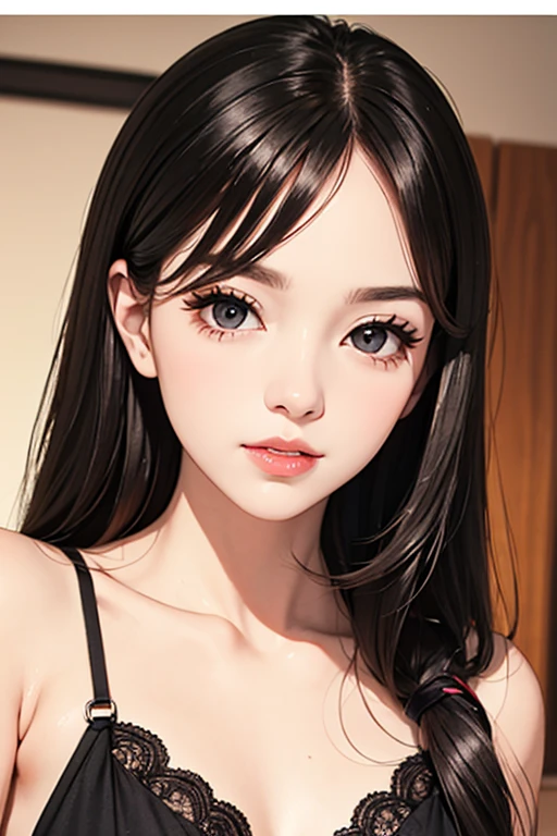blush a little and smile, (Top quality masterpiece:1.2) Delicate illustrations, Very detailed, /Beautiful Japanese Women、1 person,Very cute and slim、Great style 、((8K images、super high quality))、Very delicate face, Skin and Hair、beautifule forehead、Red lipstick、(((((Mid-length hair、Brown Hair、lure))))),Very cute Japanese cut face、Eyes and nose are clearly visible、Kind eyes,((((Sleeveless fashion))))