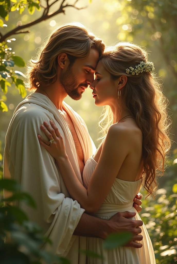 Strong bearded man standing in his underwear with Islamic headdress on his head embracing a woman in Christian clothing.
