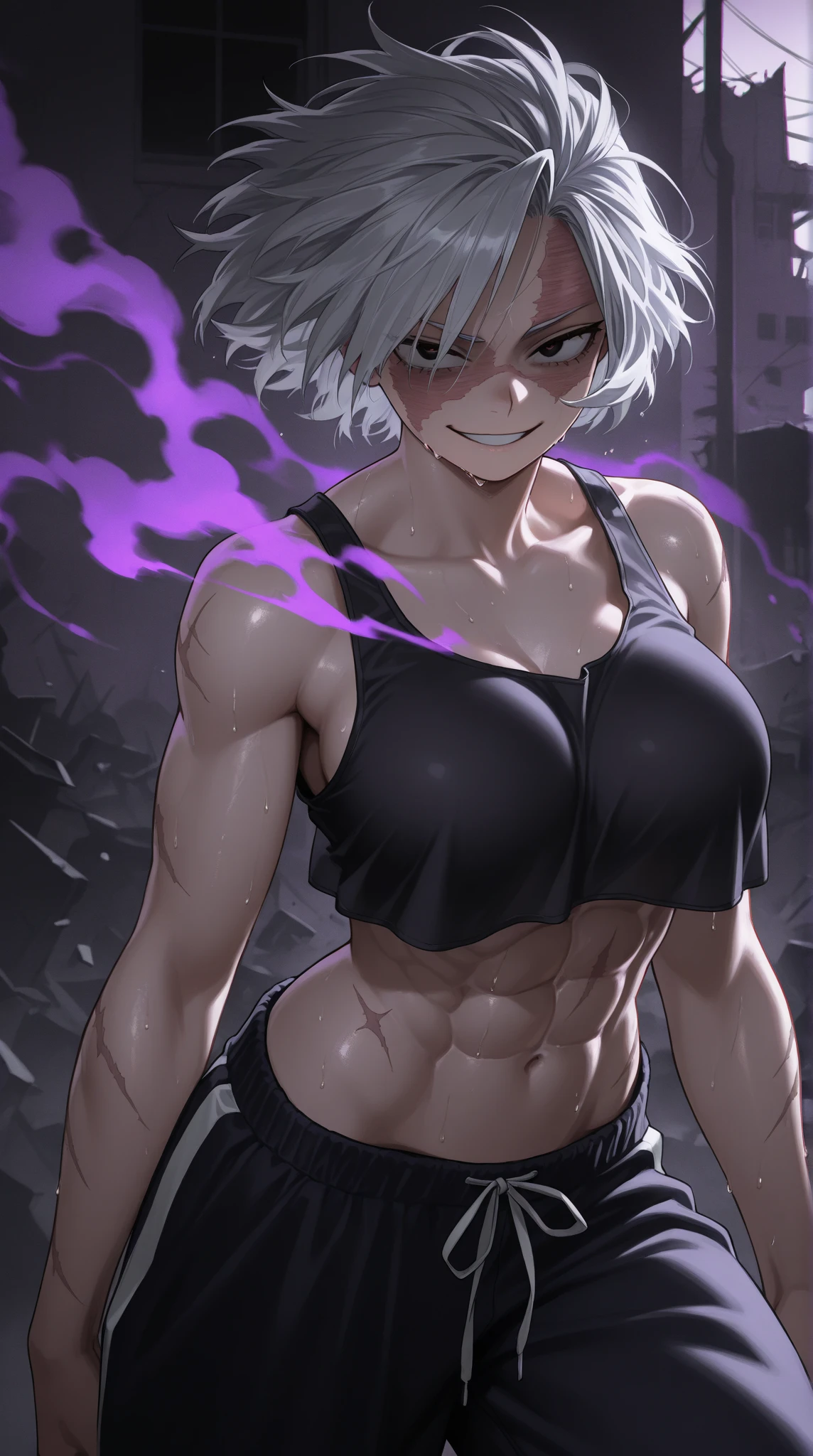 masterpiece, best quality, ultra-high-detailed, Disgusted face, white hair, red eyes, sigtuna julie , small breast, looking viewer like a trash , deep eyes , down shot, Warm body, hot body, A lot sweat , more sweat, hot temperature, sweating, Sweated a lot, warm room, bare shoulder, showing shoulder, Human, goth, emo, skinny, bare shoulder, Tight thights, Front camera, Fit girl, muscle girl, fit body, navel, , glare, navel, midrifft, Boxing, six pack, abs, Muuaythai, Muscular, sweat all over body, punch