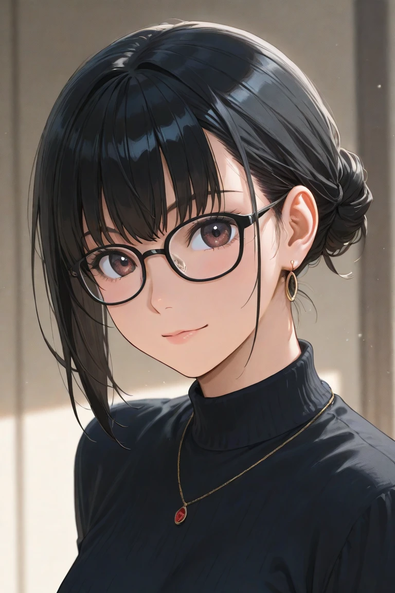 Auntie,Black Hair,ponytail,She is holding up her glasses with her left hand,I'm cleaning