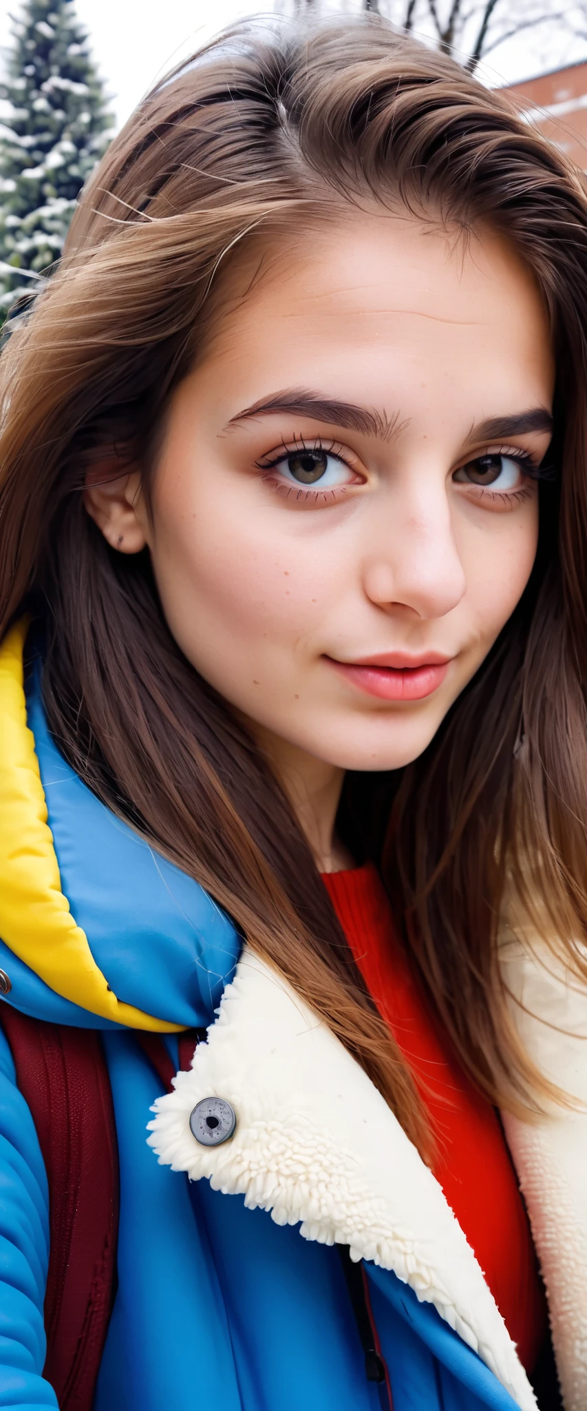 ( indistinguishable from reality :1.4), 1 , Selfie, A half-portrait of a beautiful 25-year-old woman.the Italian university student from New York, (detailed facial features), (freckles:0.2), (acne:0.1), long hair, thick, luxuoso e Straight Hair o,  handsome Jewish nose ,  shy smile, walking on the university campus,  winter, snowfall, ultra detailed texture  winter coat,  bright primary colors ,  Nikon FM2 , 35mm SLR 