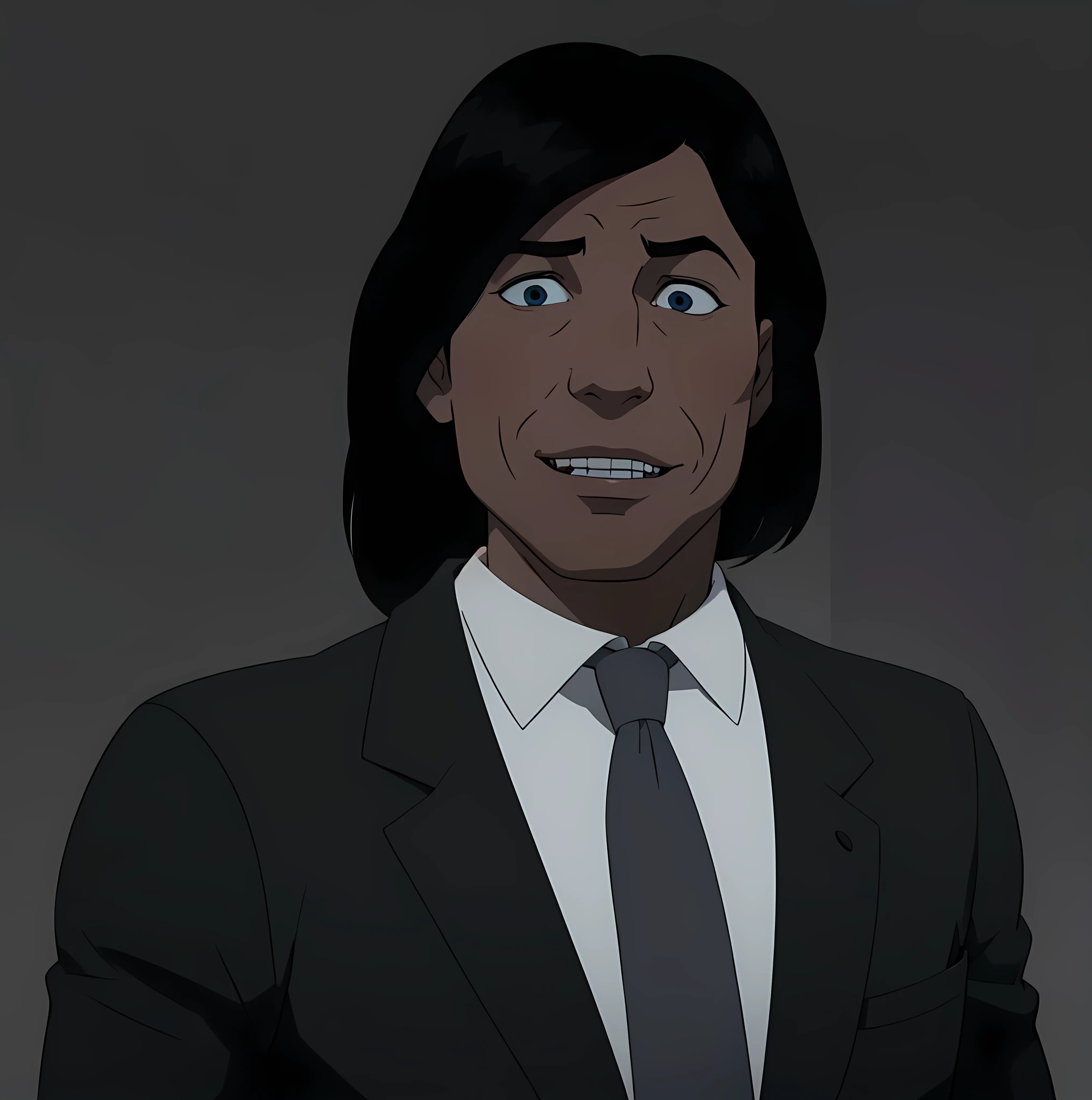 A pale man , wearing a black suit, psychopathic smile, combed hair (JACK WALTEN FROM WALTEN FILES )