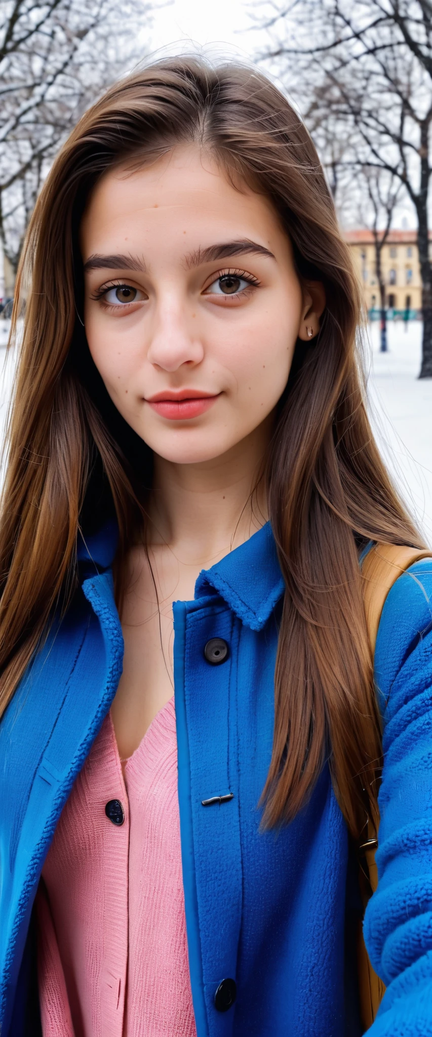 ( indistinguishable from reality :1.4), 1 , Selfie, A half-portrait of a beautiful 25-year-old woman.the Italian university student from New York, (detailed facial features), (freckles:0.2), (acne:0.1), long hair, thick, luxuoso e Straight Hair o, handsome Jewish nose , shy smile, walking on the university campus, winter, snowfall, ultra detailed texture winter coat, bright primary colors , Nikon FM2 , 35mm SLR