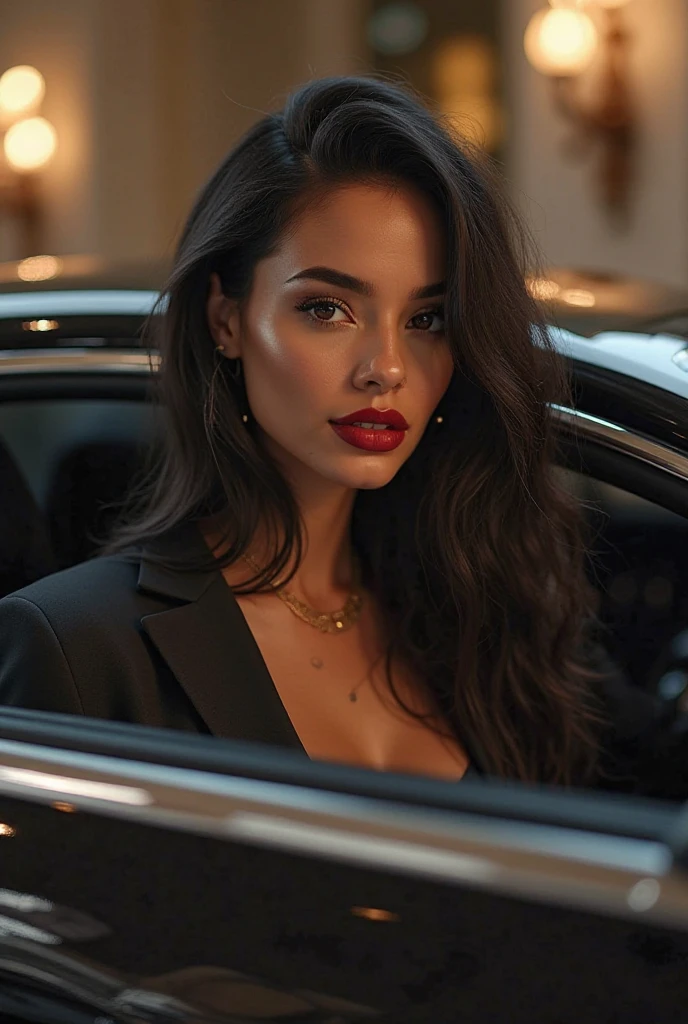 a woman in a classic black dress, posing confidently in front of a vintage sports car, photorealistic, amazing detail, 8k, uhd, realistic skin texture, beautiful detailed eyes, beautiful detailed lips, extremely detailed face and portrait, long eyelashes, cinematic lighting, dramatic shadows, high contrast, vibrant colors, glossy materials, intricate details, hyper-realistic textures, photographic quality, professional photography, elegant, sophisticated, glamorous, dramatic composition, cinematic atmosphere