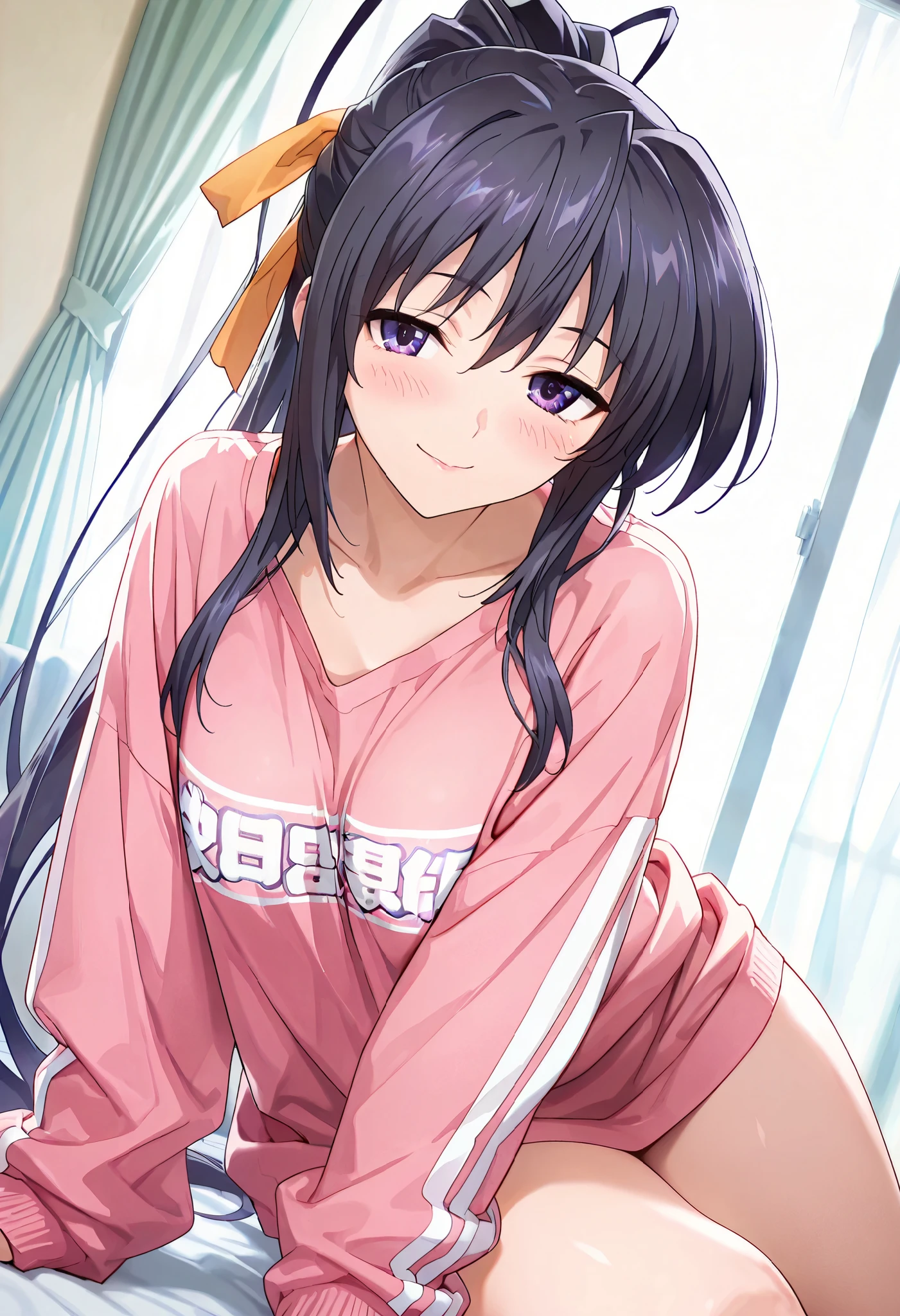 1 woman, akeno himejima, solo, dutch angle, dark hair, violet eyes, baggy clothes, thicc thighs, seductive pose, seductive smile, blush, indoors, masterpiece, high quality, highly detailed