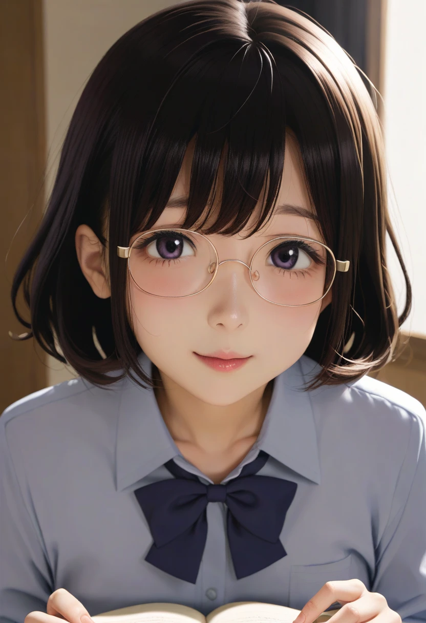 highest quality、High resolution、Detailed Background、(Beautiful face in every detail:1.4)、Anatomically correct、Cute hair colour、Bobcut、Teenage Girl、Glasses、Attractive ass、Sailor suit、classroom、(A girl looking back from directly below.4)、(Underboob:1.2)、Cute gestures